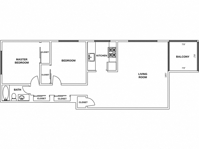 Floor plan for 2 beds, 1 bath, 1100 sqft